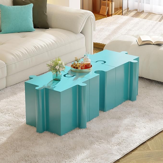 Christopher Knight Home Daton Interlocking Puzzle Outdoor Side Table, Lightweight Concrete Patio Coffee Table, Convex Edge MGO Modular End Table, Creative Set Up for Indoor&Outdoor Use, Sky Blue