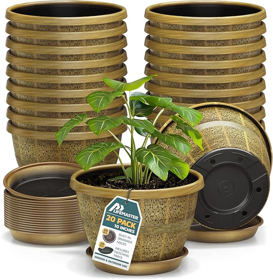 10-Inch Whiskey Barrel Planters Outdoor Pack of 20 - Durable Plastic Plant Pots for Indoor & Outdoor Use with Drainage & Saucer, Lightweight Rustic Barrel Planters for Flowers, Herbs & Small Plants