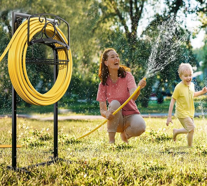 Fire Beauty Heavy-Duty Portable Garden Hose Holder with Storage Basket,80+ lbs Capacity,Holds 180ft Hose,Dual Support Rods & Rustproof Screws