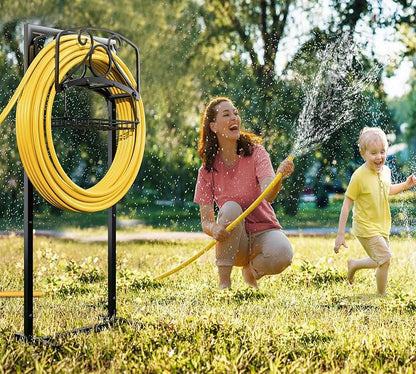 Fire Beauty Heavy-Duty Portable Garden Hose Holder with Storage Basket,80+ lbs Capacity,Holds 180ft Hose,Dual Support Rods & Rustproof Screws