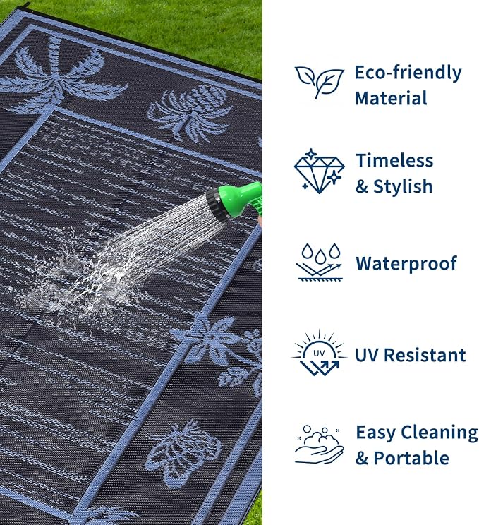 Garvee Outdoor Rug 9x12 Waterproof for Patios, Reversible Plastic Straw Rug, Tropical Leaf Indoor Outdoor Rugs, Large Area Rug for RV, Camping, Deck, Picnic Mat, Outside Carpet