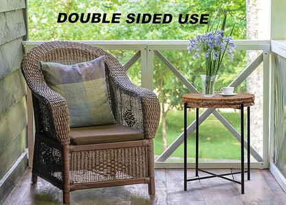 DINGTAI Small Wicker Round End Table, 16.5 in Rattan End Tables with Removable Tray, Waterproof Sofa Coffee Side Table, Indoor Outdoor Side Tables for Patio, Living Room Bedroom Office