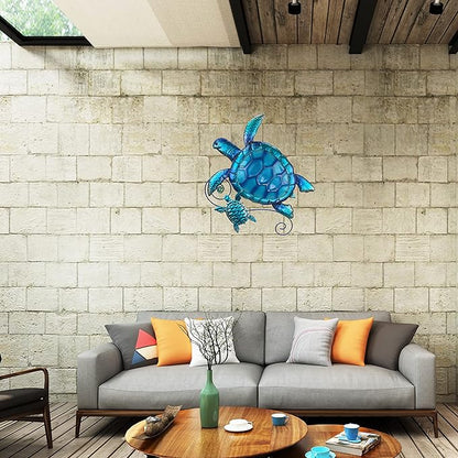 JOYBee Metal Sea Turtle Wall Art Decor Outdoor Indoor Nautical Hanging Art Blue Green Stained Glass Decorative Sculpture for Garden Pool Patio Balcony Kitchen or Bathroom(12.5 * 11inch)