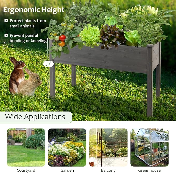 S AFSTAR Raised Garden Bed, Elevated Wooden Planter Box, 48”L x 22”W x 30”H, Outdoor Gardening Planting Bed for Vegetables, Flowers & Herbs Grow, Great for Backyard, Patio, Lawn (Gray)