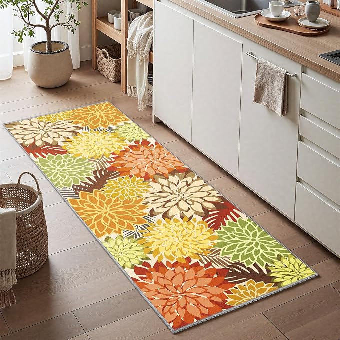 Colorful 2x6 Washable Runner Rug for Hallway Tropical Botanical Modern Floral Chenille Kitchen Rugs Low Pile Non Slip Carpet for Patio, Bedroom, Laundry, Orange