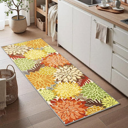 Colorful 2x6 Washable Runner Rug for Hallway Tropical Botanical Modern Floral Chenille Kitchen Rugs Low Pile Non Slip Carpet for Patio, Bedroom, Laundry, Orange