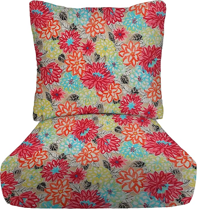RSH DECOR: Deep Seating Chair Cushion with Pillow Back | 23” x 24” Seat | All-Weather Spun Fabric | Outdoor Cushion Set for Patio Furniture | Artistic Floral - Made in USA