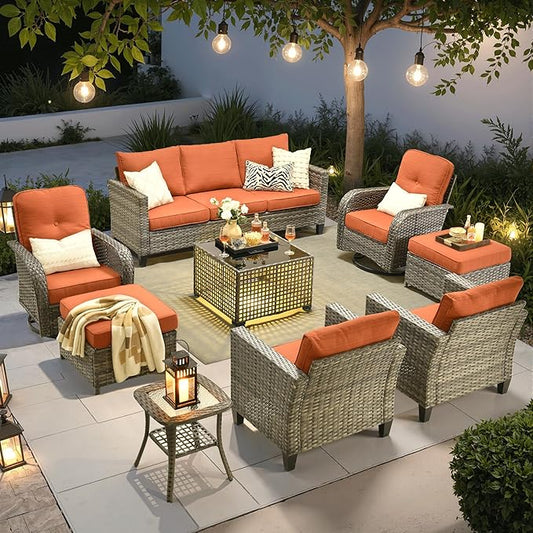 ovios 9 Pieces Patio Furniture Set, Outdoor Wicker Sofa Couch with Rocking Swivel Chairs Solar Lights Table, Modern Deep Seat Rattan Conversation Sets for Porch Deck, Orange Red