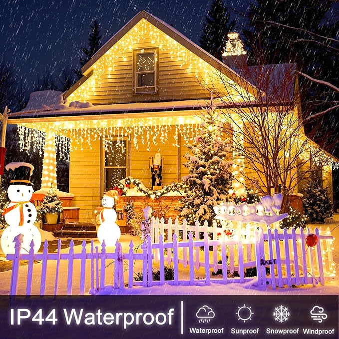 Icicle Christmas Lights Outdoor, 66ft 640 LED Icicle Lights for Outside 8 Modes with 75 Drops, Plug in Christmas Light for House Indoor Holiday Wedding Christmas Decorations, Warm White