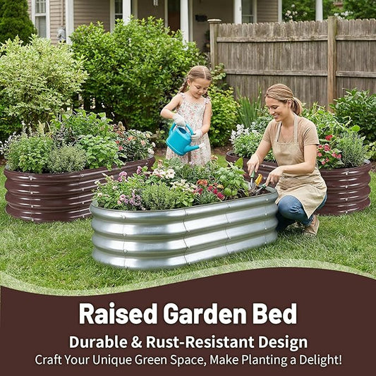 GOOZOO 2PC Galvanized Planter Raised Garden Beds, 4x2x1ft Raised Garden Bed Kit for Gardening Outdoor, Oval Metal Land Planter Box for Vegetables, Fruits, Flowers（Silver）