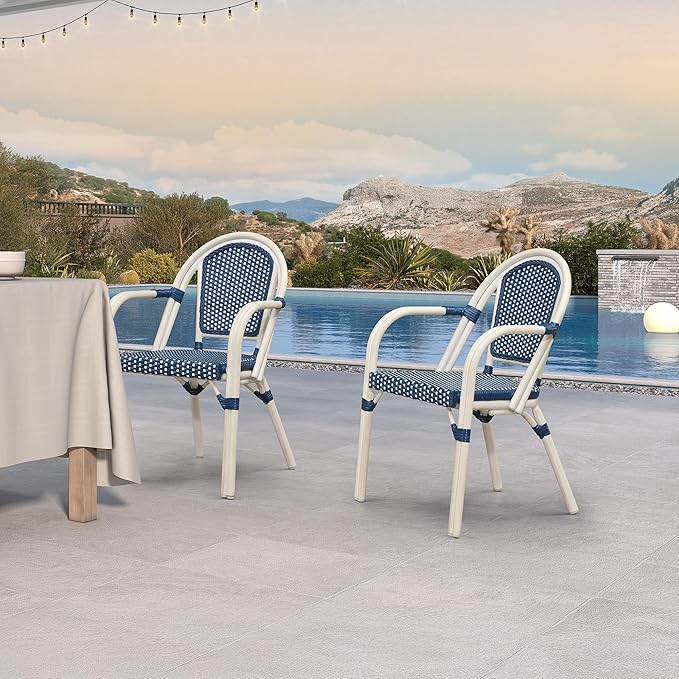 PURPLE LEAF French Bistro Chairs Set of 2 Aluminum Wicker Rattan Hand-Woven Armchairs Outdoor Dining Chairs for Patio Kitchen Garden White Print Finish Deep Blue