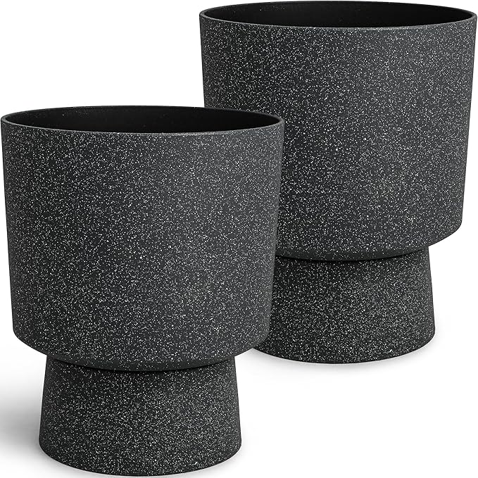 16.8" Large Planters Set of 2 Modern Pedestal Plant Pots with Drainage Hole, Durable Plastic Flower Pots w/Terrazzo Finish, Weather-Resistant for Garden Patio Balcony Home Outdoor Indoor Decor