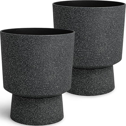 16.8" Large Planters Set of 2 Modern Pedestal Plant Pots with Drainage Hole, Durable Plastic Flower Pots w/Terrazzo Finish, Weather-Resistant for Garden Patio Balcony Home Outdoor Indoor Decor