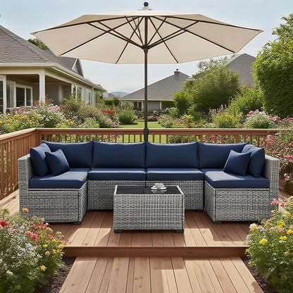 7-Piece Outdoor Rattan Sectional Sofa Set, Gray Wicker Patio Furniture Sets with Navy Blue Cushions for Balcony, Porch, Backyard