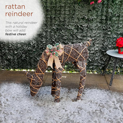 Alpine Corporation 29" Tall Natural Twig Wrapped Rattan Grazing Deer with Warm White LED Lights, Indoor/Outdoor Rustic Holiday Decoration, Brown