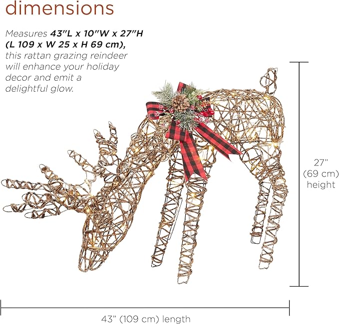 Alpine Corporation 27" Tall Rattan Grazing Reindeer with Bow and LED Lights, Indoor/Outdoor Christmas Lawn and Yard Decor, Festive Holiday Decoration