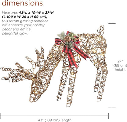 Alpine Corporation 27" Tall Rattan Grazing Reindeer with Bow and LED Lights, Indoor/Outdoor Christmas Lawn and Yard Decor, Festive Holiday Decoration