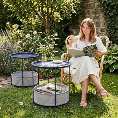 VECELO Round Side/End Table with Fabric Storage Basket，Metal Anti-Rust and Waterproof Small Bedside Nightstand with Removable Tray Top for Living Room，Balcony & Laundry，Blue /2pcs with Basket