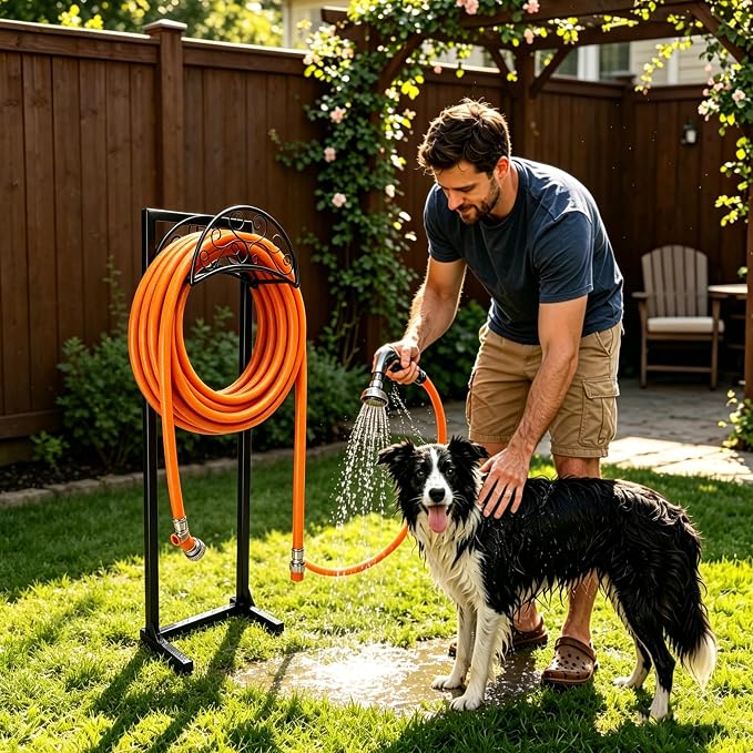 Garden Hose Holder, Heavy Duty Stainless Steel Garden Hose Reel with Triangle Reinforcement, Supports 150 ft Hose, 45-Inch Ergonomic Water Hose Stand for Outside, Black