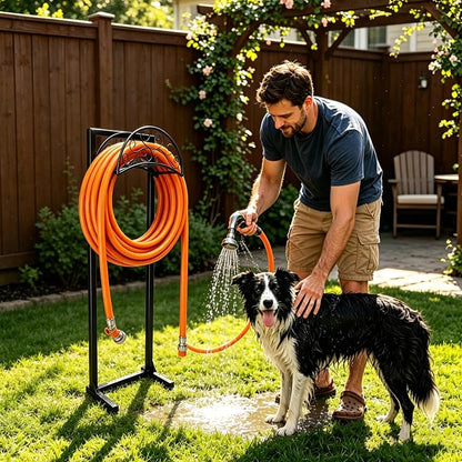 Garden Hose Holder, Heavy Duty Stainless Steel Garden Hose Reel with Triangle Reinforcement, Supports 150 ft Hose, 45-Inch Ergonomic Water Hose Stand for Outside, Black