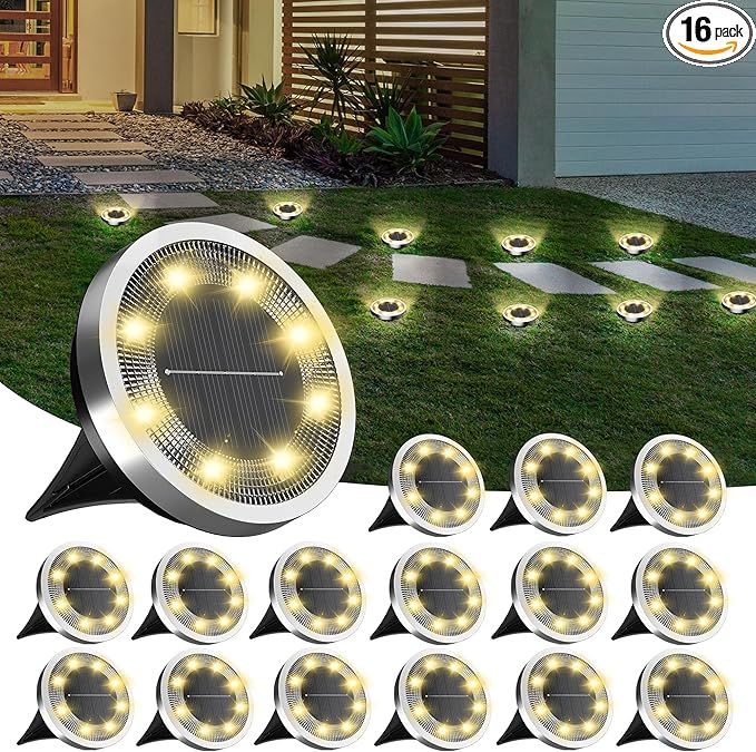 INCX Solar Ground Lights,16 Pack Solar Lights Outdoor Waterproof, Solar Garden Lights Landscape Lighting for Patio Pathway Lawn Yard Deck Driveway Walkway, Warm White