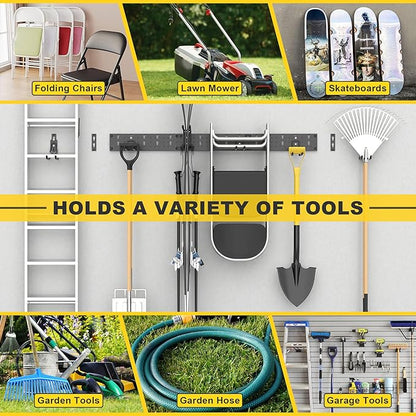 Ultrawall Garage Storage Organization, Versatile Storage Hooks Garden Tool Organizer Wall Mount, 64 Inch Yard Tool Organizer Hangers for Shovels, Rakes, Ladders, 19pcs Black