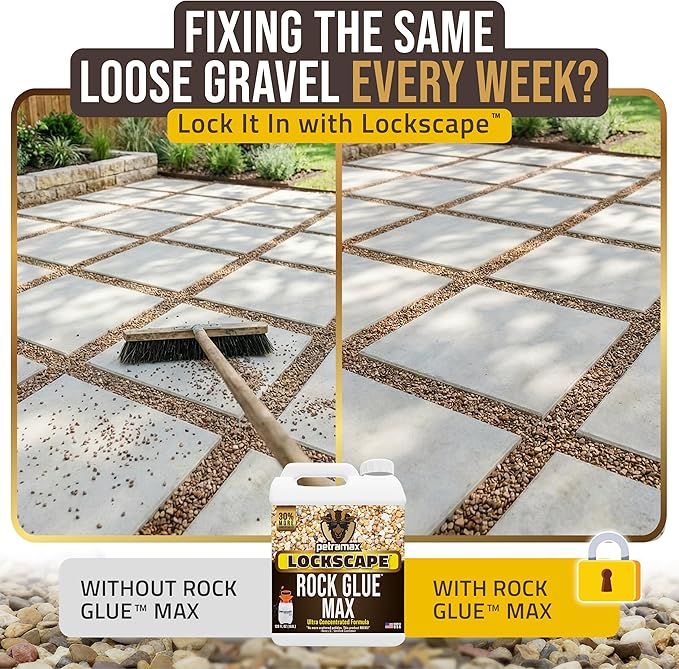 Petra Max Rock Glue for Landscaping, 4 Gal - Wide Coverage & Pet Safe Mulch Glue for Rocks - Lockdown Gravel/Pebbles/Stones - Sticky Clear Gravel Binder & Decomposed Granite Stabilizer (1Gal x4)
