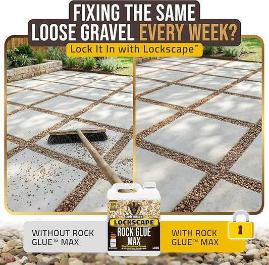 Petra Max Rock Glue for Landscaping, 4 Gal - Wide Coverage & Pet Safe Mulch Glue for Rocks - Lockdown Gravel/Pebbles/Stones - Sticky Clear Gravel Binder & Decomposed Granite Stabilizer (1Gal x4)