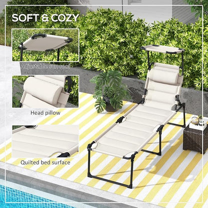 Outdoor Lounge Chair, Tanning Chair with Sunshade Roof, Adjustable Backrest Folding Chaise Lounge with Pillow Headrest for Outside, Beach, Camping, Hiking (Sunshade Roof, Cream White)
