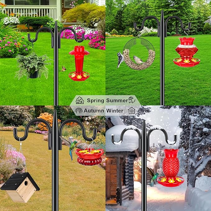 Gtongoko Bird Feeder Pole for Outdoors Heavy Duty, 2 Pack 92 Inch Double Shepherds Hook with 5-Prong Stable Base, 3/4 Inch Thick Hummingbird Feeder Stand for Hanging Plants, Lanterns