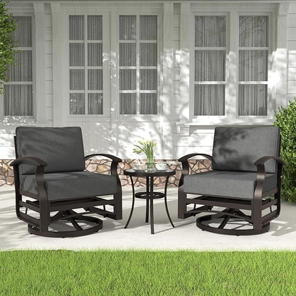 Kurapika 3 Pieces Patio Furniture Set, Outdoor Aluminum Swivel Gliders Rocker, Patio Bistro Set Rocking Chair with Thickened Cushions and Tempered Glass Side Table for Porch Garden Deck (Black)