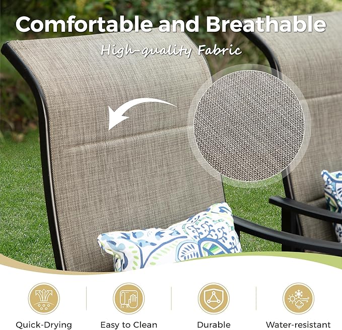 7 Pieces Patio Table and Chairs Set, 6 People Patio Dining Furniture Set, 6 Textilene Standard Chairs and Rectangular Metal Table with Umbrella Hole, for Deck Garden Backyard