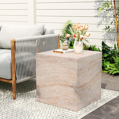 Christopher Knight Home Jayme 22.5" Indoor Outdoor Square Accent Side Table, Patio Decorative End Table, Lightweight Concrete Garden Stool for Patio Living Room Balcony & Garden Decor, Travertine