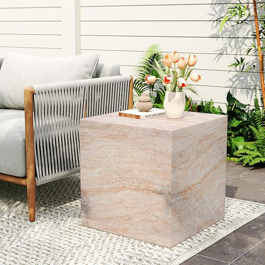 Christopher Knight Home Jayme 22.5" Indoor Outdoor Square Accent Side Table, Patio Decorative End Table, Lightweight Concrete Garden Stool for Patio Living Room Balcony & Garden Decor, Travertine
