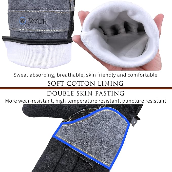 Leather Work Gloves for Men or Women. X-Large Glove for Gardening, Tig/Mig Welding, Construction, Chainsaw, Farm, Ranch, etc. Cowhide, Cotton Lined, Utility, Firm Grip, Durable. Grey-Black XL