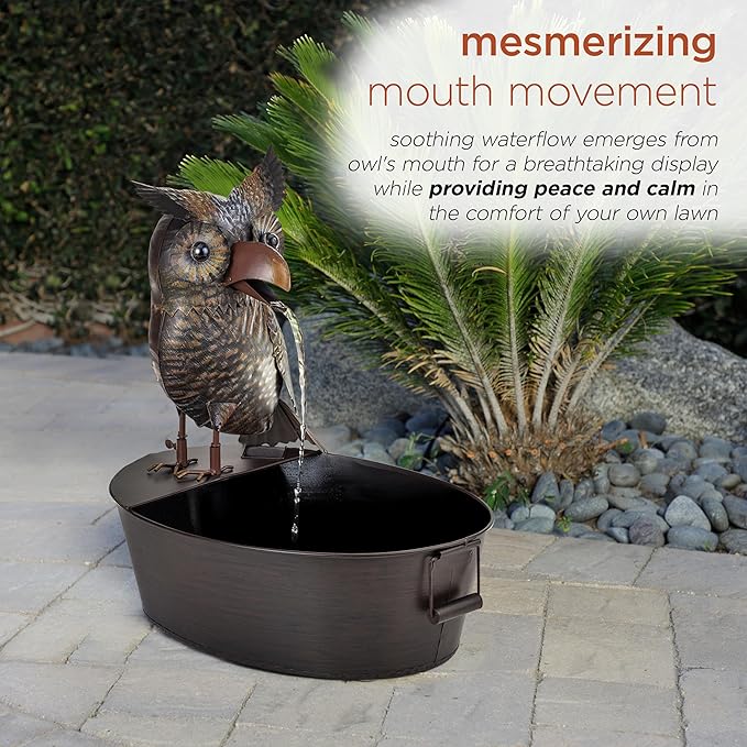 Alpine Corporation NCY294 23" Outdoor Floor Soothing Metal Water Fountain, Vintage Owl Garden Water Feature with Cascading Water for Patio & Backyard Décor, Brown