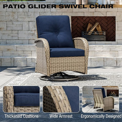 Joyside Outdoor Swivel Rocker Chairs, 6 Piece Wicker Patio Set with Thick Cushion and Side Table, Rattan Patio Swivel Rocking Chairs for Porch, Deck Use (Natural/Blue, 6 PCS)