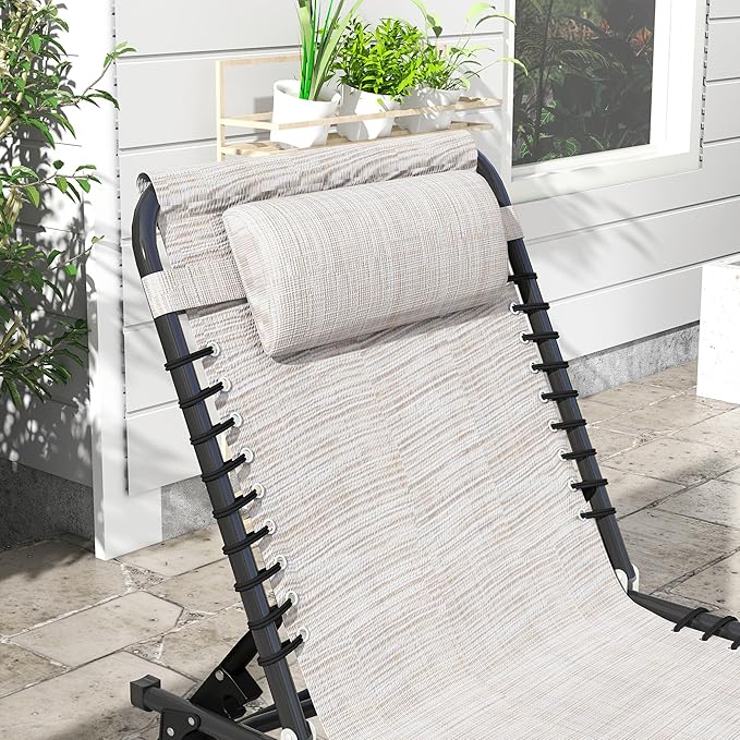 Outsunny Folding Chaise Lounge Chair, Patio Sun Tanning Chair, Outdoor Chaise Lounger with 4-Position Reclining Back, Breathable Mesh Seat for Beach, Poolside, Yard, Cream White