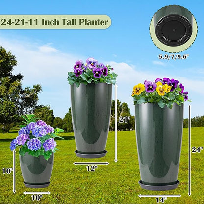 24-21-11 Inch Tall Planters Set of 3, Indoor Outdoor Green Glossy Round Planter with Drainage Hole and Saucer, Large Decorative Plant Pots for Home Garden Porch (Green)
