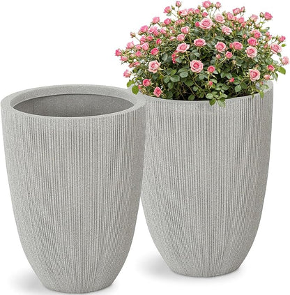 19" Tall Beige Fluted Planters for Indoor & Outdoor, Set of 2 Large Mediterranean-Style Resin Flower Pots with Drainage Holes, UV & Weather Resistant for Patio Porch Home Office Decor
