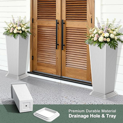 Tall Outdoor Planters Set of 2, 24" Tapered Outdoor Tall White Planter for Front Porch, Large Indoor Modern Planter Flower Pots with Tray, Drainage Holes (Ribbed)