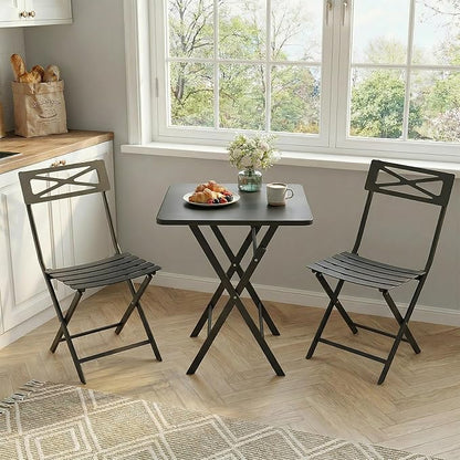 Outdoor Square Bistro Set 3 Piece, Black Iron Tube Patio Furniture Set with Square Table & 2 Chairs, Foldable Steel Backyard Deck Porch Garden , Space Saving Outdoor Dining Set for Small Spaces
