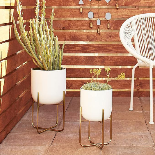 Deco 79 Metal Indoor Outdoor Planter Large Planter Pot with Removable Gold Stand, Set of 2 Planters 16", 13"H, White