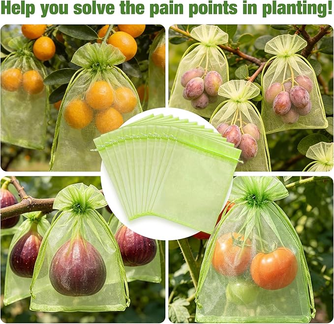 50 Pcs Drawstring Fruit Protection Bags, 4×6 Inch Green Mesh Fruit Net Covers, Anti-Bird Anti-Insect Garden Protective Bags for Fruit Tree, Tomato, Strawberry, Apple, Cherry, Grapes and Vegetables