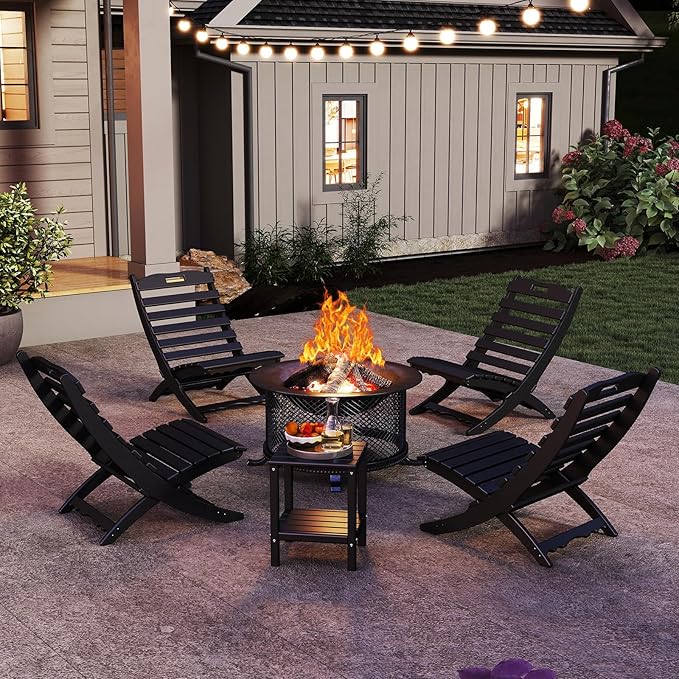 GREENVINES 3 Pieces Patio Furniture Set | Outdoor Bistro Sets for 2 | HDPE Plastic | Folding-Adirondack-Chairs-with-Side-Table | All Weather | Xavier Chair | for Porch Deck Poolside Backyard | Black