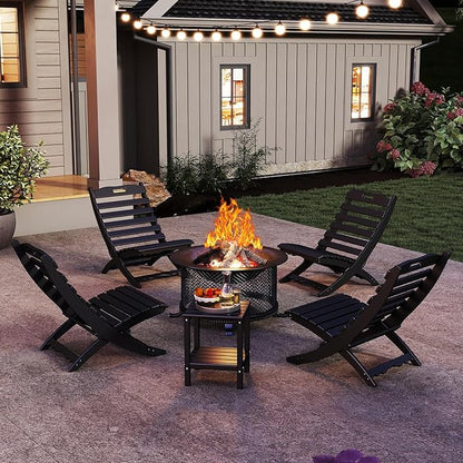 GREENVINES 3 Pieces Patio Furniture Set | Outdoor Bistro Sets for 2 | HDPE Plastic | Folding-Adirondack-Chairs-with-Side-Table | All Weather | Xavier Chair | for Porch Deck Poolside Backyard | Black