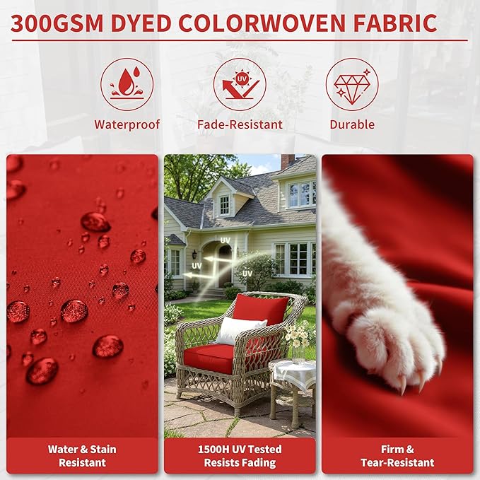 Premium Outdoor Seat Cushion Chair Cushions for Patio Furniture 22 L X 24 W X 4 H Waterproof & Fade Resistant Deep Seat and Backrest Cushion Set with Removable Covers for Chair, Sofa