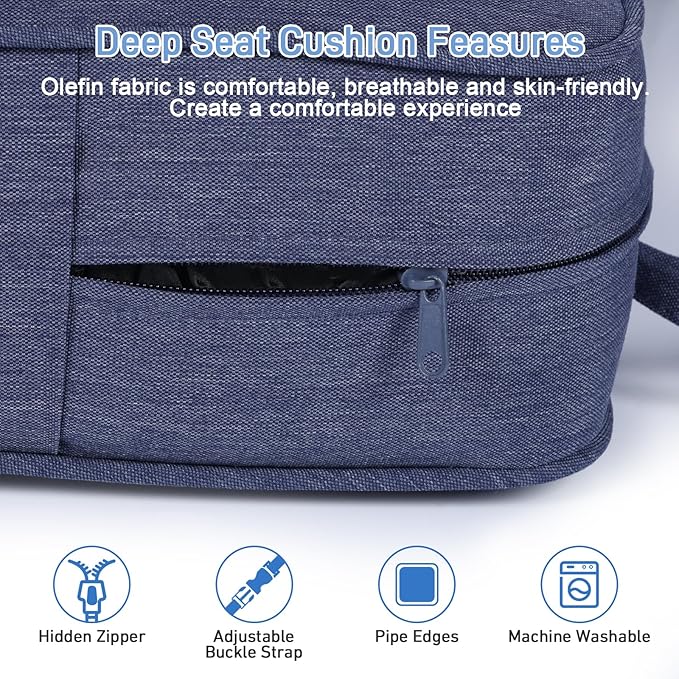 Aoodor Outdoor Chair Cushion, 23 x 26 Inch Water-Resistant, Fade-Resistant Olefin Fabric Patio Seat Cushions with Removable Cover and Adjustable Straps for Outdoor Furniture, Set of 2, Navy Blue