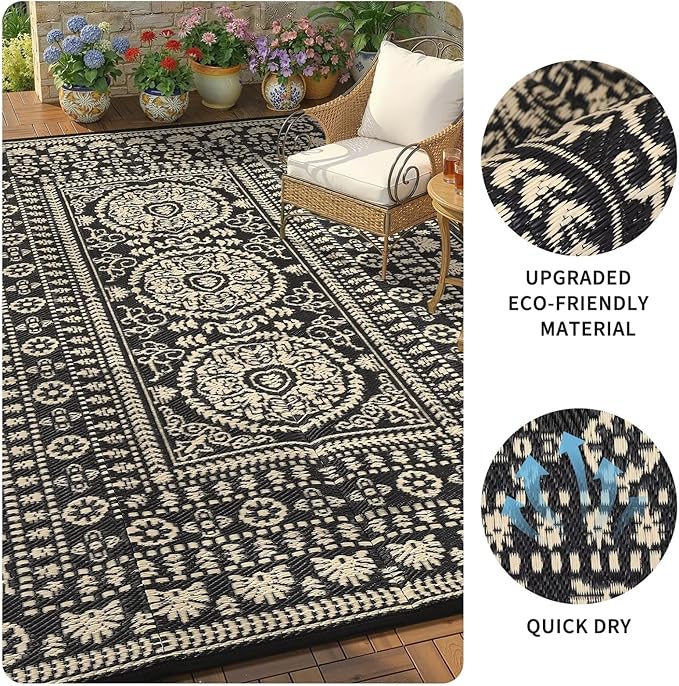 Garvee Reversible Outdoor Rug 6x9 for Patio, Waterproof Outdoor Area Rug, Modern Medallion Indoor Outdoor Rugs, Plastic Straw Rug for RV, Camping, Deck, Vintage Brown