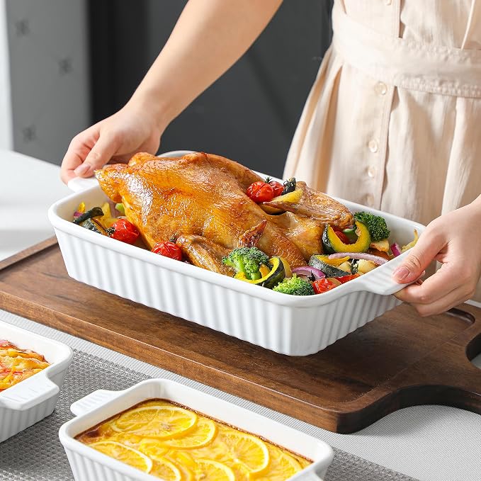 MALACASA Casserole Dishes for Oven, Porcelain Baking Dishes, Ceramic Bakeware Sets of 4, Rectangular Lasagna Pans with Handles for Baking Cake Kitchen, White (9.4"/11.1"/12.2"/14.7")